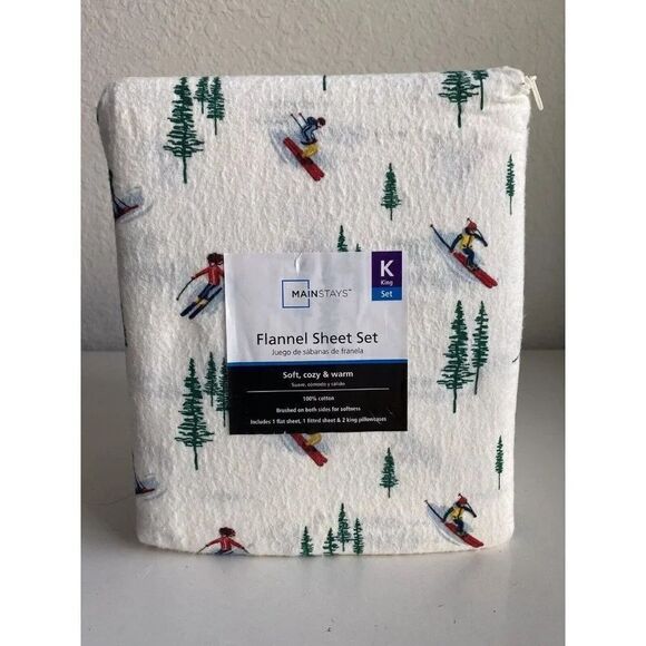 Mainstays SKIERS Trees Flannel Sheet Set King Size 100% Cotton 4 Piece NEW - Picture 1 of 12